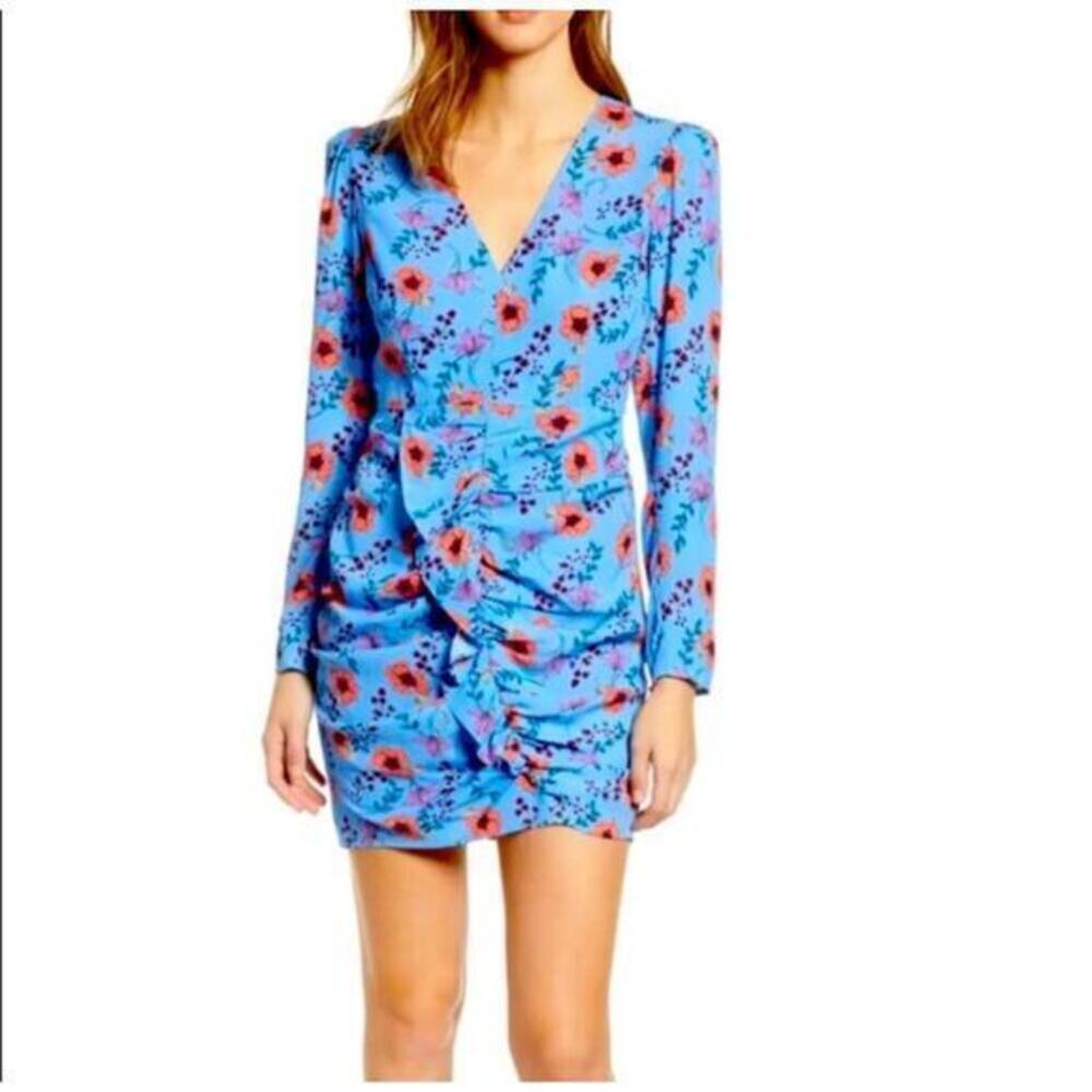 ASTR The‎ Label Women's Floral V Neck Ruched Long Sleeve Mini Dress Blue Small
